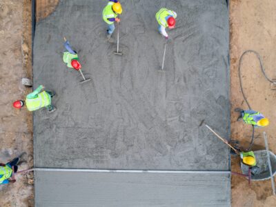 This is an image of a team of contractors distributing cement for a concrete driveway.