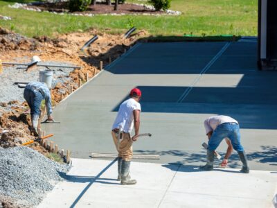 This is an image of contractors smoothing out a freshly made concrete driveway.